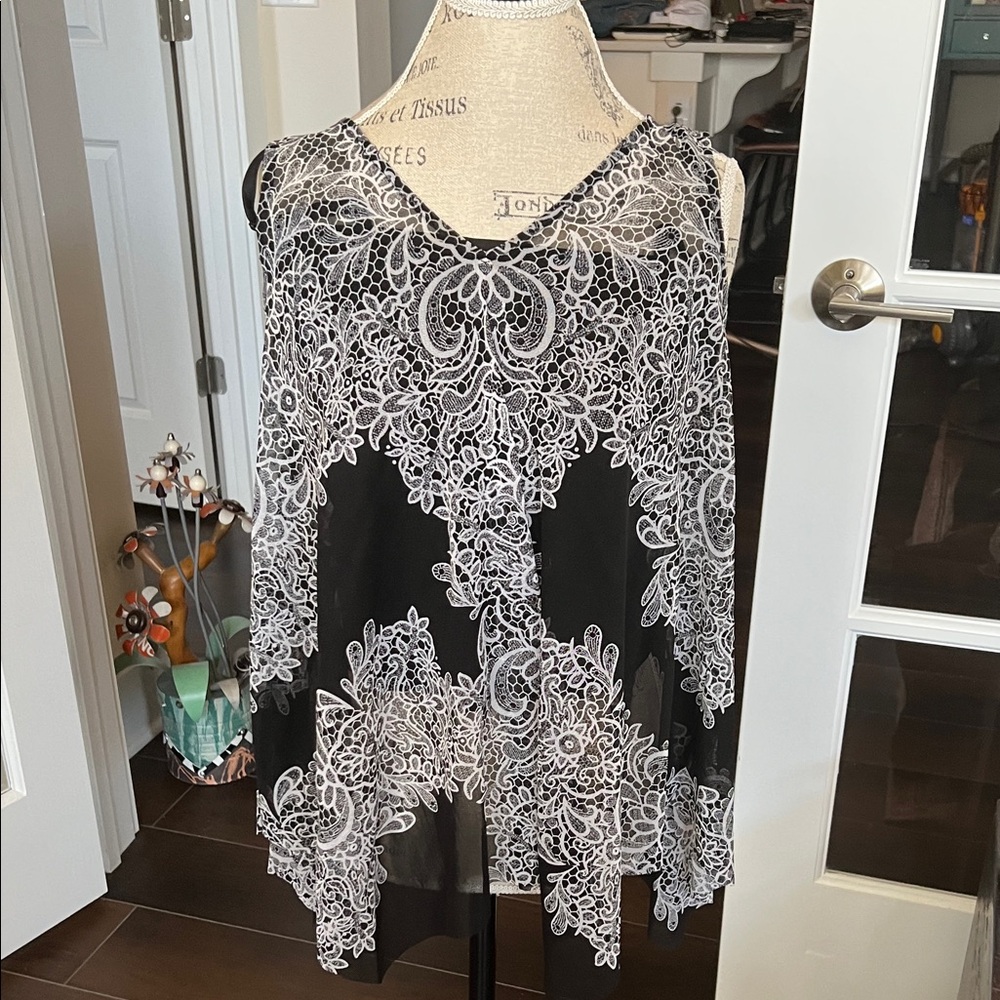 INC International Concepts Black and White Lace Design Blouse